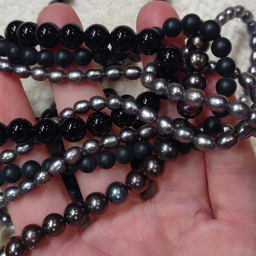 Black Onyx Multi-Strand, Black Gray Pearl Bead Necklace - Picture 5 of 8
